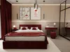 A modern bedroom with a red bed, vanity, and artwork. Produktbild-Vorschau