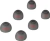 Six gray silicone earbud tips with red inner lining are arranged in a scattered pattern on a white background. Voir les images du produit
