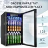 A beverage cooler filled with cans, with text overlays highlighting its features. Produktbild-Vorschau