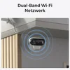 A security camera mounted on an exterior wall, with Wi-Fi signal waves emanating from it. Produktbild-Vorschau