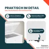 Marketing image showcasing features of a white chest freezer. Produktbild-Vorschau