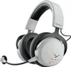 A studio shot of a white and black gaming headset with a microphone. Produktbild-Vorschau