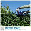 A person is using a blue hedge trimmer to cut a green hedge under a clear blue sky. Produktbild-Vorschau