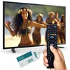 A hand holds a remote control in front of a television displaying a scene with people dancing. Produktbild-Vorschau
