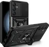 A black phone case with a camera cover and ring holder is shown from two angles against a white background. Produktbild-Vorschau