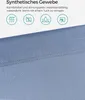 A close-up of blue synthetic fabric with marketing icons and text describing its features. Produktbild-Vorschau