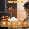 A woman is reading a book next to a fireplace with a fan attached to it. The fan is shown in a close-up view, with orange lines indicating heat flow. Below the image are icons representing product features. Produktbild-Vorschau