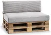 A sofa cushion set made from pallet wood and upholstered in grey fabric with white stripes. Produktbild-Vorschau