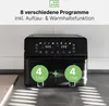 A black double air fryer is shown on a countertop with text overlays highlighting its features. Voir les images du produit