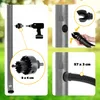 Collage showing parts and assembly of a rain barrel system, including a drill bit, a hose connector, and a flexible hose attached to a pipe. Náhled obrázku produktu