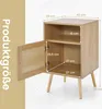 A wooden nightstand with an open door and dimensions indicated by measurement lines and text. Produktbild-Vorschau