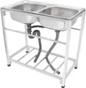 A stainless steel double sink with a metal frame and plumbing underneath, shown against a white background. Podgląd zdjęcia produktu
