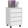 A white mobile storage cart with four drawers, topped with a gray organizer holding colorful paper and a white cup filled with pens. Voir les images du produit