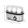 A silver and black egg cooker with three white eggs inside, shown with dimensions indicated by lines and text. Produktbild-Vorschau