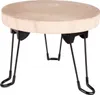 A small, round wooden side table with black folding legs, shown against a white background. Produktbild-Vorschau