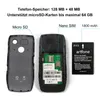 A disassembled mobile phone, its battery, and informational text about its specifications. Produktbild-Vorschau