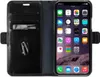 A black leather wallet-style phone case is open, revealing a smartphone with a home screen full of app icons. Anteprima dell’immagine prodotto