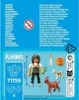 The image shows a PLAYMOBIL set with a figure, animals, and accessories, along with packaging details and safety warnings. Produktbild-Vorschau