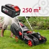A person is using a cordless lawnmower in a garden, with a battery and text overlay indicating its specifications. Produktbild-Vorschau