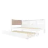 A white wooden bed frame with a beige upholstered headboard and a pull-out trundle bed underneath, shown against a white background. Produktbild-Vorschau
