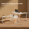 An L-shaped standing desk shown in white, with text indicating adjustable height. Produktbild-Vorschau