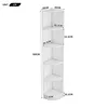 A white corner bookshelf with dimensions indicated by text overlays. Produktbild-Vorschau