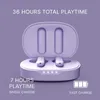 A pair of purple wireless earbuds in their charging case, with text overlay highlighting playtime and charging features. Náhled obrázku produktu