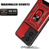 A red and black phone case with a ring holder is shown against a white background, with text highlighting its features. Produktbild-Vorschau