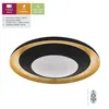 A round black ceiling light with a wooden trim and a white diffuser, shown with feature callouts and a remote control. Náhled obrázku produktu