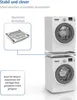 A stacking kit for a washing machine and dryer, showing a detailed view of the back of the stacking kit and a diagram of how it is used. Produktbild-Vorschau