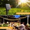 A split image showing a solar panel in a garden and a group of people having dinner outdoors at night illuminated by string lights. Produktbild-Vorschau