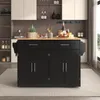 A black kitchen island with a wooden countertop is shown in a kitchen setting. Voir les images du produit