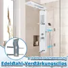 A white shower panel system with a rain shower head and hand shower, installed in a bathroom with beige tiled walls. Náhled obrázku produktu