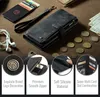 A black wallet-style phone case is displayed on a brown surface, surrounded by coins, headphones, and a card holder. Produktbild-Vorschau