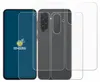 A product image showing two transparent screen protectors for a smartphone, one for the display and one for the back, laid out next to the phone itself. Produktbild-Vorschau