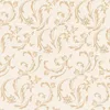 A repeating pattern of damask-style floral motifs in beige and gold on a textured off-white background. Voir les images du produit