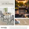 Collage of images showing a dining table and chairs indoors, a high table and chairs on a patio, and a close-up of a wood-look surface. Náhled obrázku produktu
