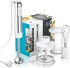 A product shot of a hand blender set, including the blender, chopper, whisk, and measuring cup, along with its packaging. Produktbild-Vorschau