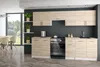 A modern kitchen setup with light wood cabinets and appliances against a dark gray wall. Produktbild-Vorschau