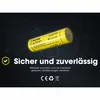 A yellow Nitecore battery is shown against a dark, abstract background with circuit board-like graphics. Text and logos are overlaid. Anteprima dell’immagine prodotto