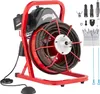 A red and black drain cleaning machine with a coiled cable, along with various accessories. Podgląd zdjęcia produktu