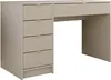 A studio shot of a sandbeige desk with fluted drawers and gold handles. Produktbild-Vorschau