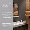A bathroom vanity with a sink and mirror, featuring product specifications overlaid on the image. Náhled obrázku produktu