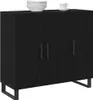A black wooden sideboard with three doors and metal legs, shown against a white background. There are some white bowls and a cup on top of the sideboard. Anteprima dell’immagine prodotto