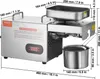 A stainless steel electric oil press machine with dimensions indicated by measurement lines and text. Produktbild-Vorschau