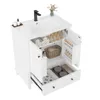 A white bathroom vanity with the doors and drawer open, showing storage compartments filled with toiletries and towels. Anteprima dell’immagine prodotto