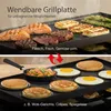 A split image showing a grill plate with food being cooked on both sides. The top shows grilled meat, fish, and vegetables. The bottom shows pancakes, fried eggs, and a wok dish. Náhled obrázku produktu