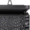 A close-up view of the top and side of a black solar light with a decorative patterned grill. Podgląd zdjęcia produktu