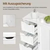 A white bathroom cabinet with drawers open, showing contents and a feature highlight. Produktbild-Vorschau