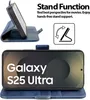 A blue flip case for a Samsung Galaxy S25 Ultra phone, shown in both open and closed positions, with text and icons highlighting its stand function. Náhled obrázku produktu